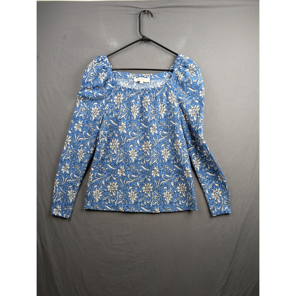 LOFT Womens Blue Floral Long Sleeve Square Neck‎ Smocked Puff Shoulder Top S